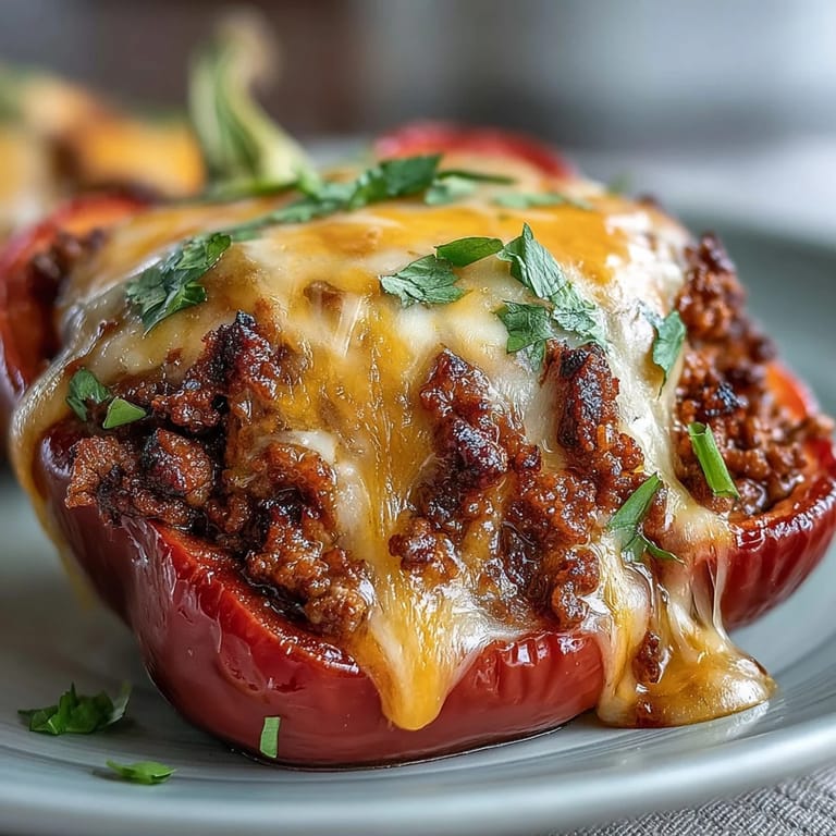 Vibrant bell peppers packed with savory taco-seasoned beef and melted cheddar cheese, perfect for keto-friendly meal prep.