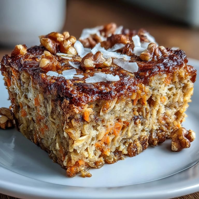 Wholesome Spring Carrot Cake Baked Oatmeal Squares, packed with grated carrots, cinnamon, and coconut, perfect for a cozy breakfast.
