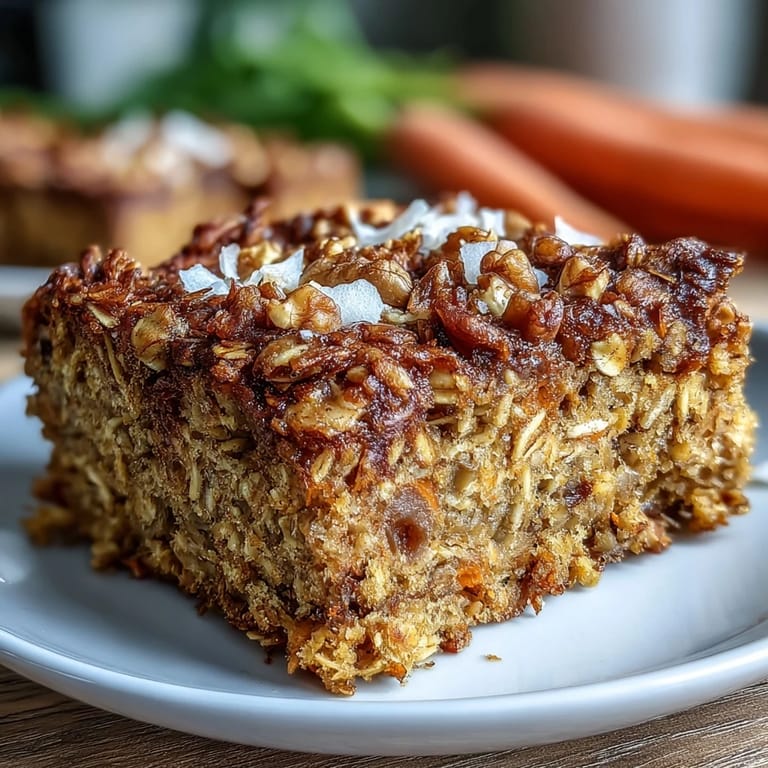 Moist Spring Carrot Cake Baked Oatmeal Squares, drizzled with maple syrup and topped with pecans, served warm from the oven.
