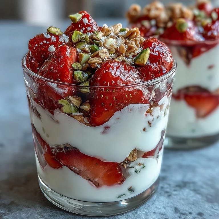 Bright red strawberries and green pistachios create a colorful parfait, blending tangy fruit, rich yogurt, and nutty crunch in every spoonful.