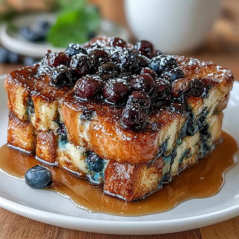 A make-ahead breakfast casserole featuring sourdough bread, fresh blueberries, and cinnamon custard, baked until irresistibly golden.
