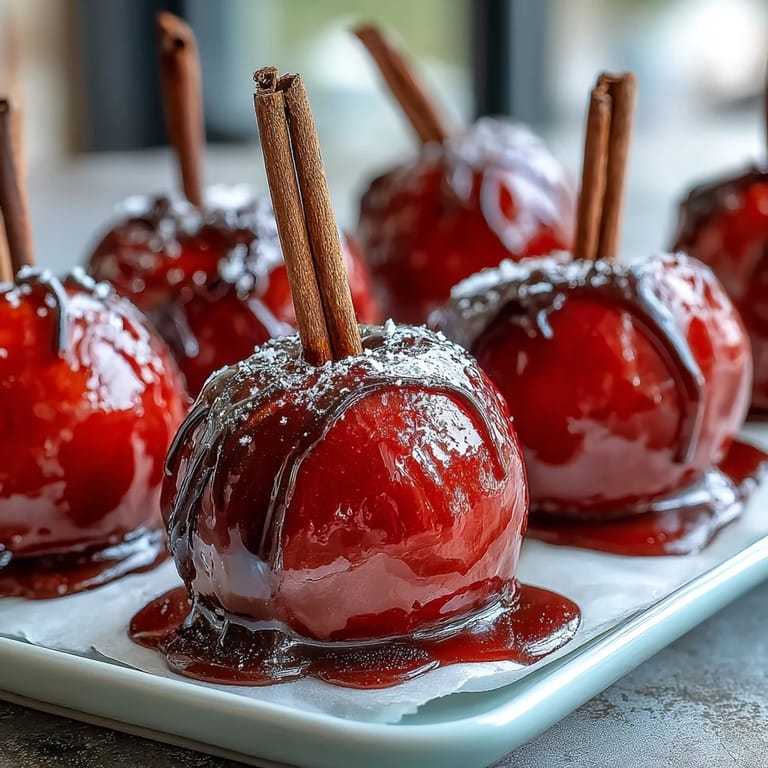 Bite-sized apples dipped in shiny, hard candy shell, each speared with a wooden stick for easy, mess-free snacking.