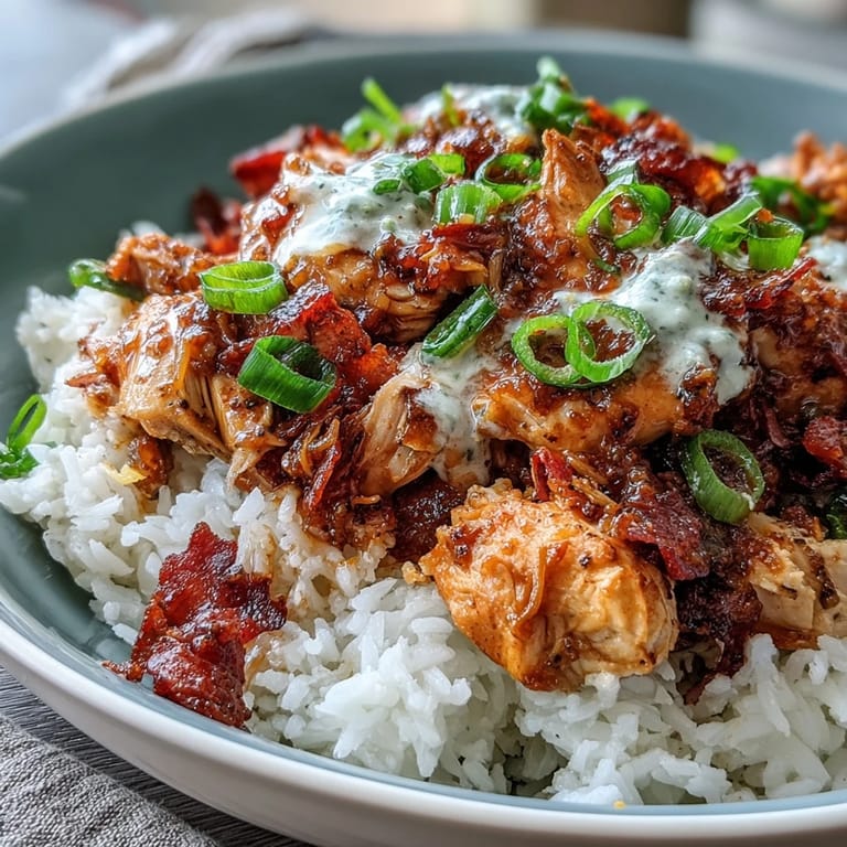 Savory Crockpot Mississippi Chicken Rice Bowls packed with ranch-seasoned chicken, pepperoncini peppers, and buttery juices atop steaming rice.