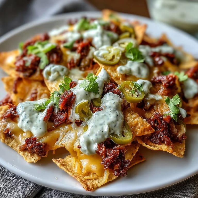 Gooey cheese sauce smothers seasoned beef and crispy tortilla chips, garnished with jalapeños, tomatoes, and cilantro for loaded nachos.