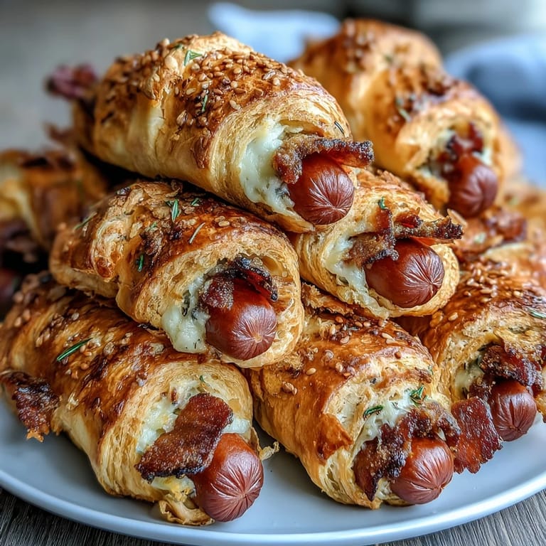 Bite-sized hot dogs in flaky crescent dough, brushed with egg wash and sprinkled with sesame seeds for extra crunch.  