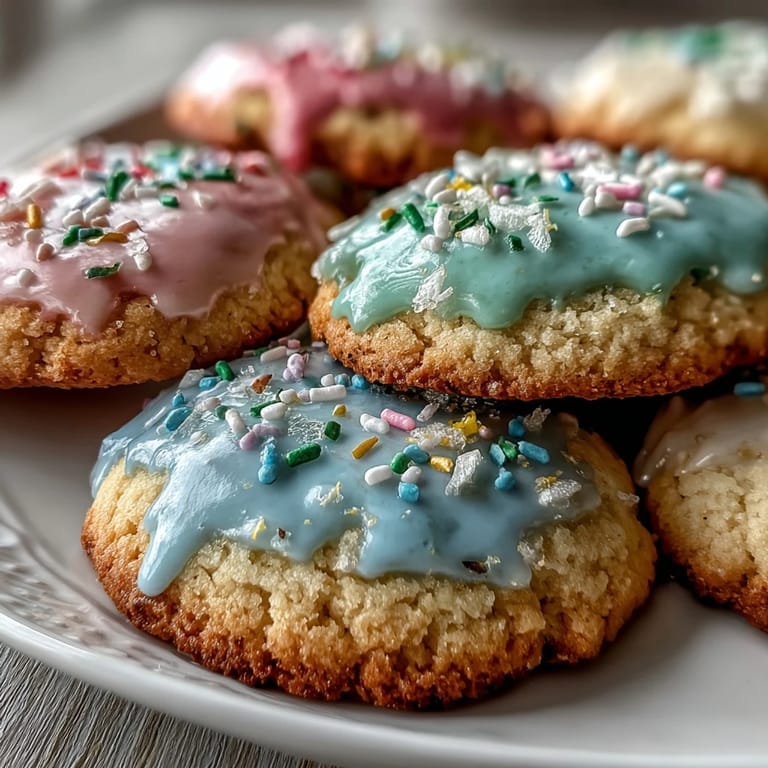 Lemon sugar cookies with pastel glaze, featuring soft, chewy texture and delicate citrus aroma, perfect for springtime gatherings.