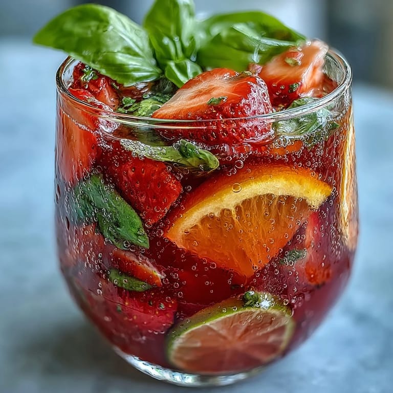 Refreshing strawberry basil sangria mocktail served over ice, bursting with juicy strawberries, lemon, lime, and fragrant basil leaves.