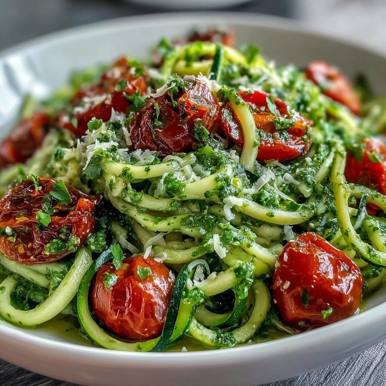 Vibrant spiralized zucchini with cherry tomatoes and creamy pesto, a colorful gluten-free summer meal.  