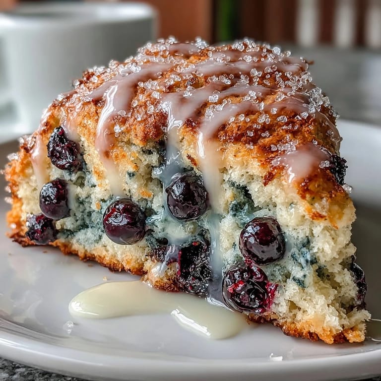 Buttery scones dotted with juicy blueberries and a bright lemon glaze, offering a delightful balance of sweet and tangy flavors.