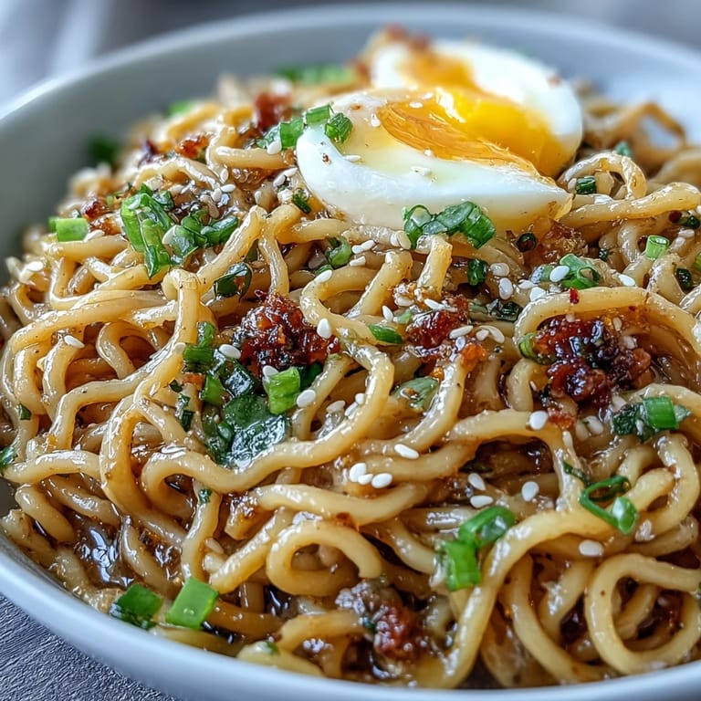 Close-up of homemade garlic butter ramen, with glossy sauce clinging to noodles and vibrant green onion slices for freshness.