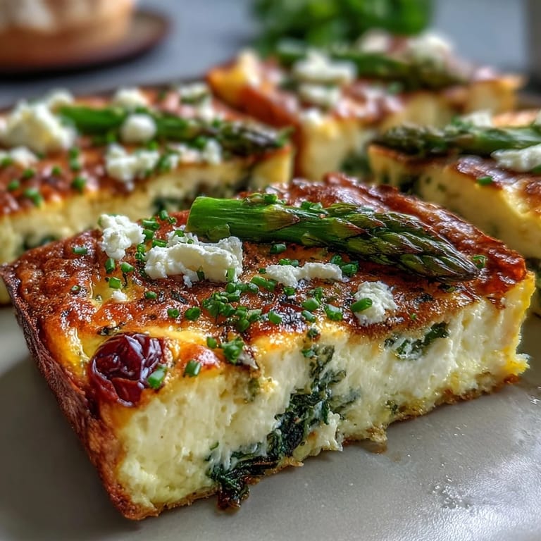 Colorful Easter frittata baked on a sheet pan, featuring asparagus, cherry tomatoes, and bell peppers for a vibrant, vegetarian meal.