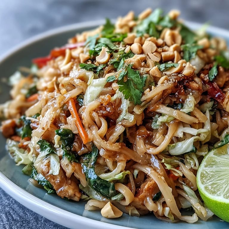 A vibrant Cabbage Pad Thai stir-fry loaded with crisp veggies, scrambled eggs, and peanuts for a Thai-inspired low-carb meal.