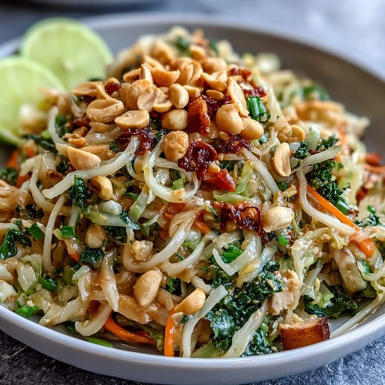 Colorful Cabbage Pad Thai topped with fresh cilantro, crunchy peanuts, and zesty lime for a light, flavorful dinner.