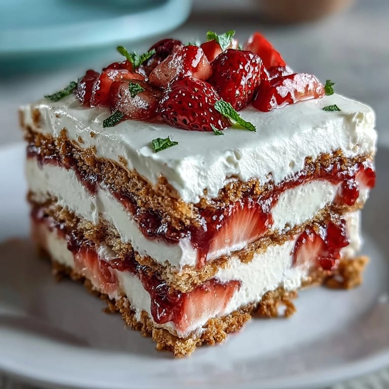 Festive no-bake icebox cake with strawberries, perfect for easy holiday celebrations.
