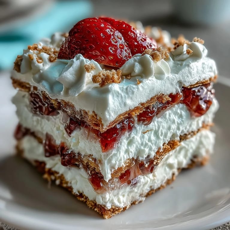 Whipped cream, graham crackers, and strawberries create this no-bake icebox cake delight.