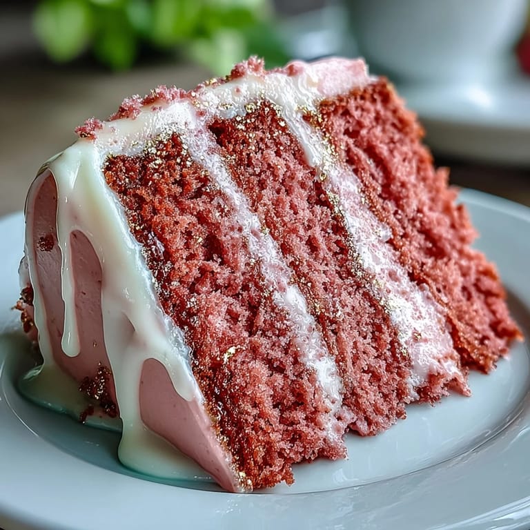 Layered rosé-infused velvet cake in soft pink hues, crowned with silky cream cheese frosting and an eye-catching gold drip finish.