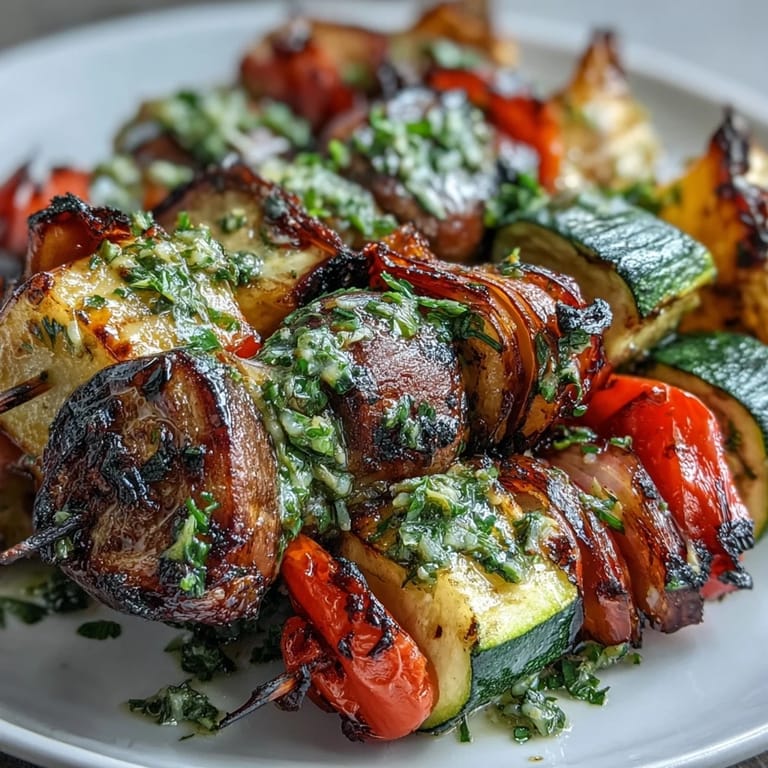 Smoky, colorful grilled veggie kabobs with a bright, zesty chimichurri sauce.