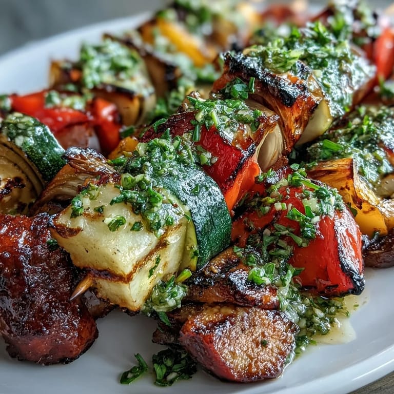 Tender, charred grilled veggie kabobs generously topped with fresh chimichurri sauce.