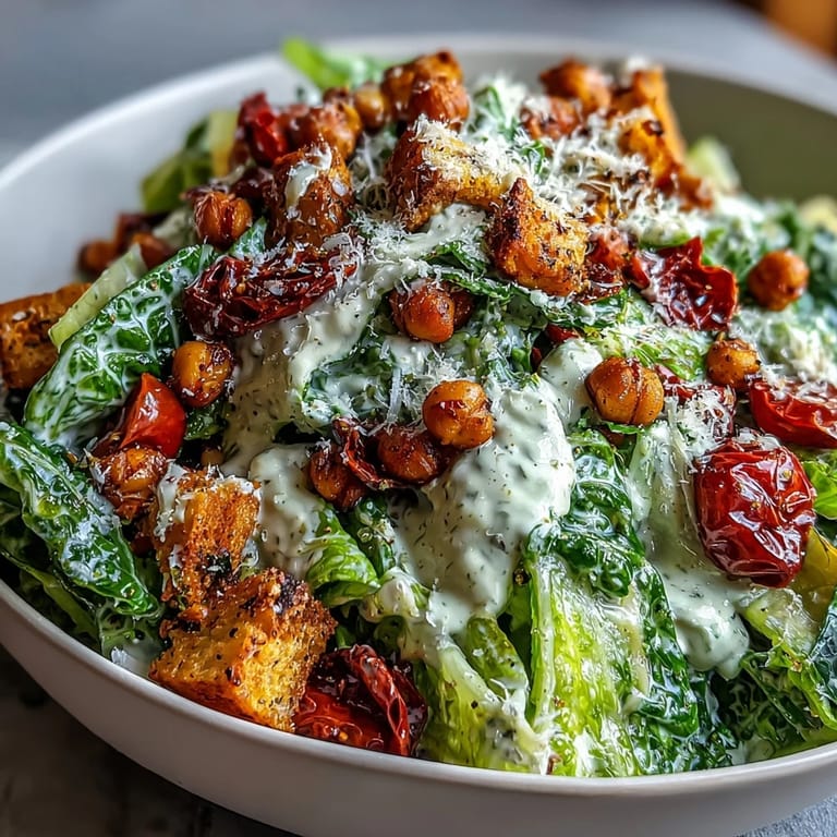 Hearty Vegan Caesar salad featuring roasted chickpeas for a satisfying, plant-based meal.
