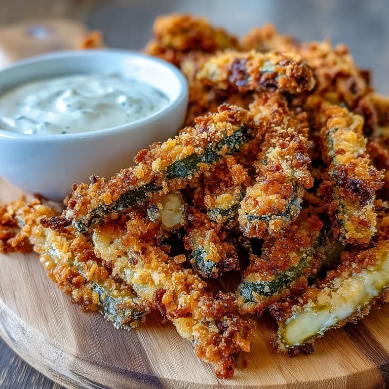 Golden brown pickle fries with a side of homemade spicy dipping sauce.