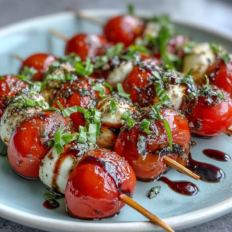 Easy Caprese skewers appetizer stacked with summer flavors, glistening with a rich balsamic drizzle.