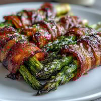 Crispy bacon-wrapped asparagus bundles with melted Parmesan, served hot on a platter for a keto-friendly appetizer.