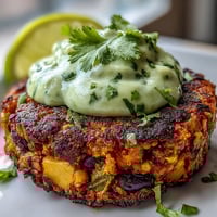 Golden brown Vegan Sweet Potato Black Bean Burgers on a toasted bun, topped with creamy avocado lime sauce, lettuce, and tomato slices.