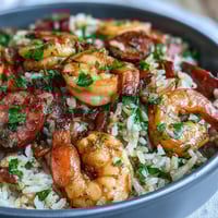 A steaming bowl of Cajun dirty rice with juicy shrimp and spicy sausage, packed with bold Southern flavors and vibrant vegetables.  