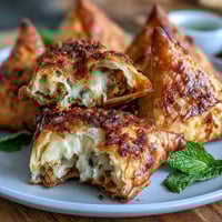 Crispy air-fried vegetable samosas served with a vibrant mint chutney dip, perfect for a healthy Indian snack.