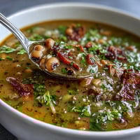 A steaming bowl of ham and black-eyed pea soup with tender vegetables and smoky ham chunks.