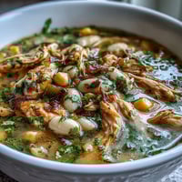 A steaming bowl of white bean chicken chili with shredded chicken, white beans, and vibrant peppers in a savory broth.