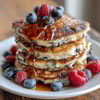 Fluffy protein pancakes made with cottage cheese and fresh mixed berries, stacked high and ready to serve.
