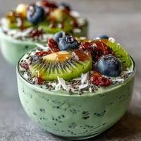 A bowl of creamy matcha overnight oats with coconut and chia seeds, topped with fresh kiwi slices and shredded coconut for a vibrant, energizing breakfast.