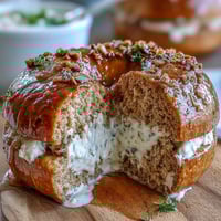 Honey whole wheat protein bagels with fluffy yogurt dip, golden and chewy, served with a light, creamy honey-lemon yogurt spread.