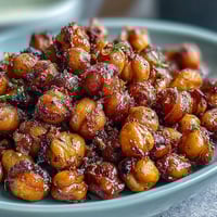 Crispy baked chickpeas with smoky paprika, cumin, and garlic powder for a savory snack.
