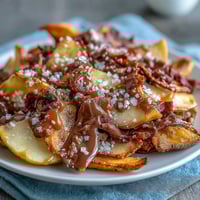 Candy Apple Nachos with gooey caramel drizzle and chocolate chips on crisp apple slices.