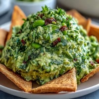 Creamy edamame guacamole served with golden, crisp pita chips for a fresh and healthy snack.  