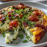 Healthy Easy Spring Veggie Frittata with asparagus, spinach, and cherry tomatoes baked to golden perfection in a skillet.