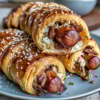 Golden crescent roll dough wrapped around mini hot dogs, baked until crispy and golden—perfect party appetizers.  