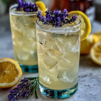Refreshing lavender lemonade spritz in a tall glass with ice and a lemon slice, sparkling wine creating a bubbly finish.