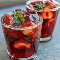 A vibrant Homemade Starbucks Strawberry Açaí Refresher with fresh strawberries, açaí, and ice in a clear glass.