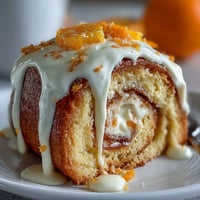 Soft orange rolls with citrus filling and cream cheese frosting, arranged in a baking dish and topped with swirls of orange frosting.