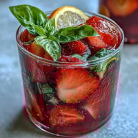 Vibrant strawberry basil sangria mocktail with citrus slices and fresh herbs, perfect for summer parties and non-alcoholic gatherings.