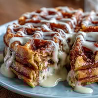 Fluffy waffles with a cinnamon-sugar swirl and vanilla cream cheese glaze, a perfect indulgent breakfast or brunch treat.