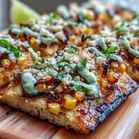 Festive Cinco de Mayo Street Corn Flatbread topped with charred corn, cotija, and crema.