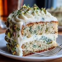 Charming Spring Birthday Lemon Pistachio Layered Cake, frosted decadently.