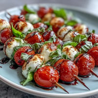 Glistening Caprese skewers appetizer with ruby tomatoes, mozzarella pearls, fresh basil, sweet balsamic.